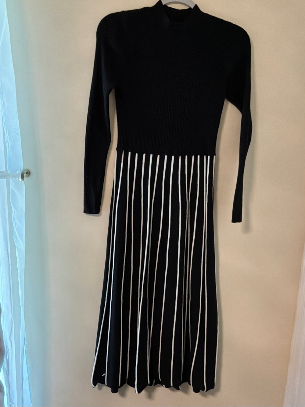 Long Black Long Sleeve Knit Dress with White Vertical Stripes